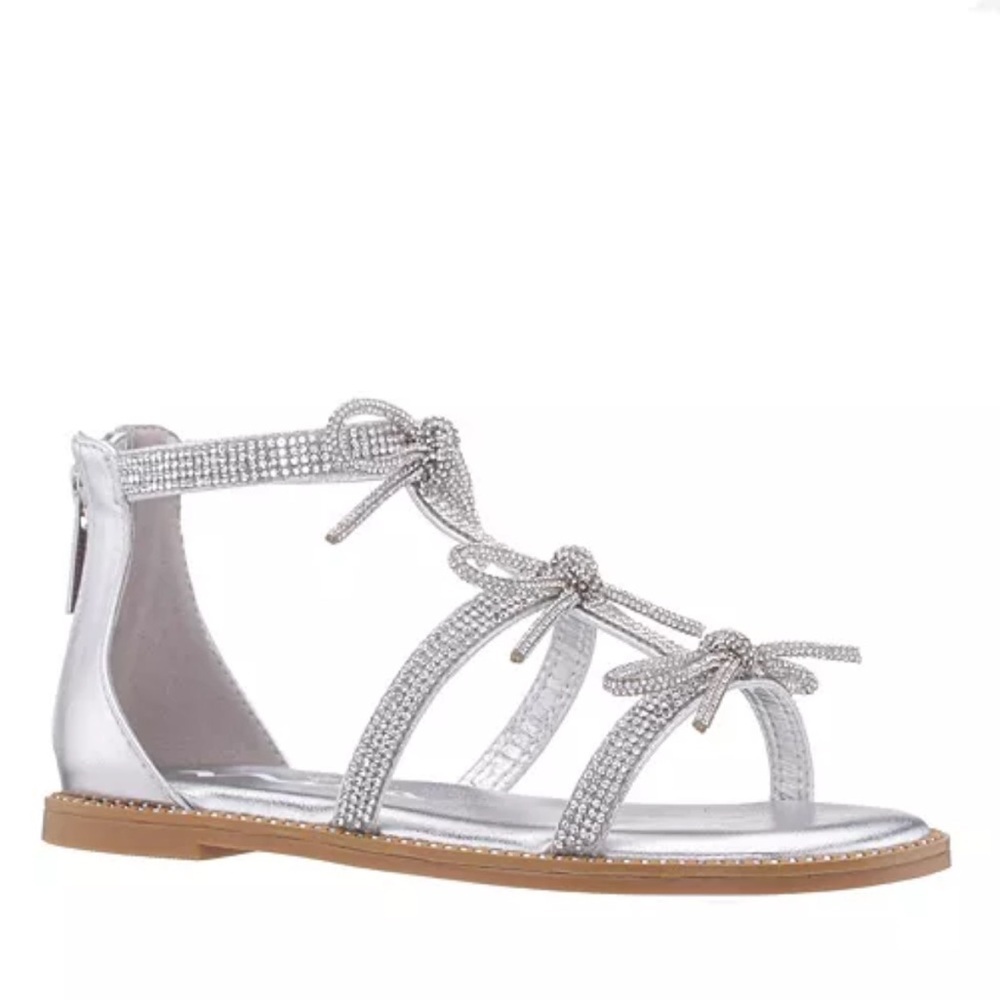 Nina girls comfort sandal silver shiny party summer zipper closure bows SZ 4